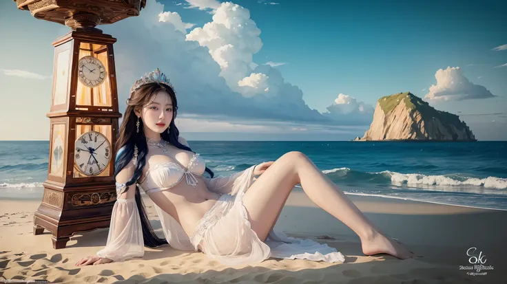 A woman sitting on the beach，Holding a clock in hand, Queen of the Sea Mu Yanling, Beautiful digital artwork, 4k highly detailed digital art, Beautiful fantasy queen, 8k high quality detailed art, Fantasy Beauty, author：Yang J, Beautiful and gorgeous digit...