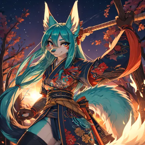 Miku Hatsune , add high definition_Detail:1, blue fur,kitsune ears, Japanese tattoo art add_Detail:1, arms in the air, Add Japanese Samurai Costume_Detail:1, Glowing body, Shinobi girl