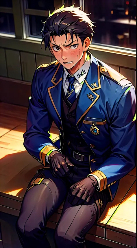 Hector Fay, Ultra high quality cg, solitary, Looking at the audience, Open your mouth, Sweating, Wet, Drooling, Gloves, 1 man, whole body, Sitting astride，Male focus, tie，shirt， uniform，Thigh holster
