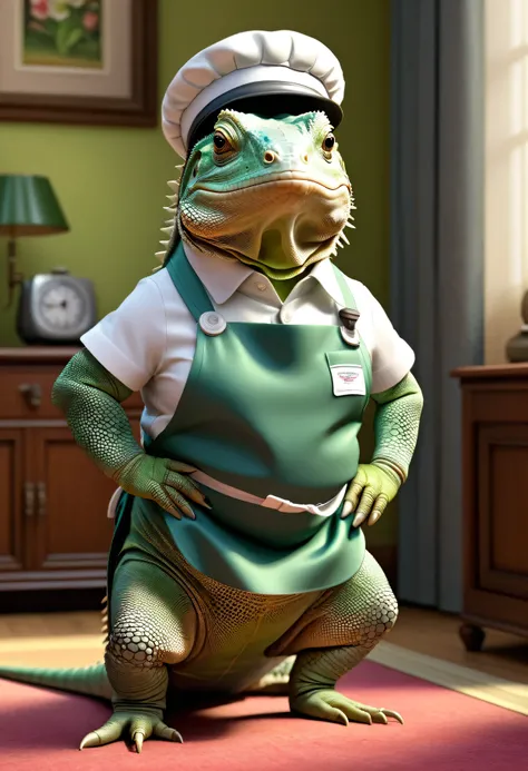 photorealistic portrait of Dressed animals - a (fat) (iguana) housekeeper,(hands on hips:1.5),(happy smile:1.2), high quality,(lovely) ,intricate details, highly detailed (( housekeeper clothes)), wearing housekeeper cap and apron ,sneakers, highly detaile...