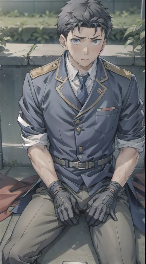 Hector Fay, Ultra high quality cg, solitary, Looking at the audience, Open your mouth, Sweating, Wet, Drooling, Gloves, 1 man,, Male focus, tie，shirt， military uniform，Lie down with your legs open
