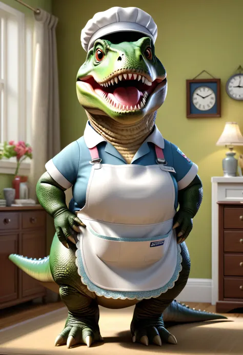 photorealistic portrait of Dressed animals - a ((fat)) (t-rex) housekeeper,(hands on hips:1.5),(happy smile:1.2), high quality,(lovely) ,intricate details, highly detailed (( housekeeper clothes)), wearing housekeeper cap and apron ,sneakers, highly detail...