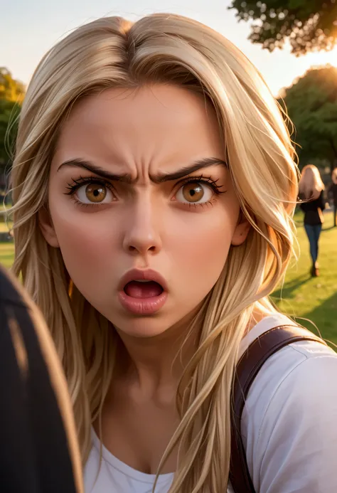 Young woman of about 2, with an expression of anger or surprise, looking at the camera. She has loose blonde hair.. In the background you can see, out of focus, a man and a woman kissing. The scene is in a park during sunset