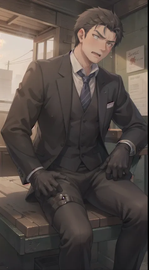 Hector Fay, Ultra high quality cg, solitary, Looking at the audience, Open your mouth, Sweating, Wet, Drooling, Gloves, 1 man, whole body, Sitting astride，Male focus, tie，shirt， Suit，Trousers，A holster on his thigh，Wearing dirty shoes