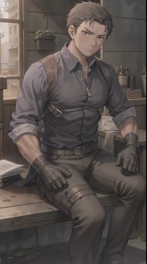 Hector Fay, Ultra high quality cg, solitary, Looking at the audience, Open your mouth, Sweating, Wet, Drooling, Gloves, 1 man, whole body, Sitting astride，Male focus, tie，shirt，Trousers，A holster on his thigh，Wearing dirty shoes