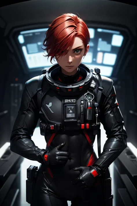 Perfect Anatomy　Best Quality,Highest Resolution,(((Black space suit　Bodysuits　Red Hair　Short Hair)))　unlimited routes　Space Opera　Spaceship　cockpit　fighter　soldier　Abdominal muscles