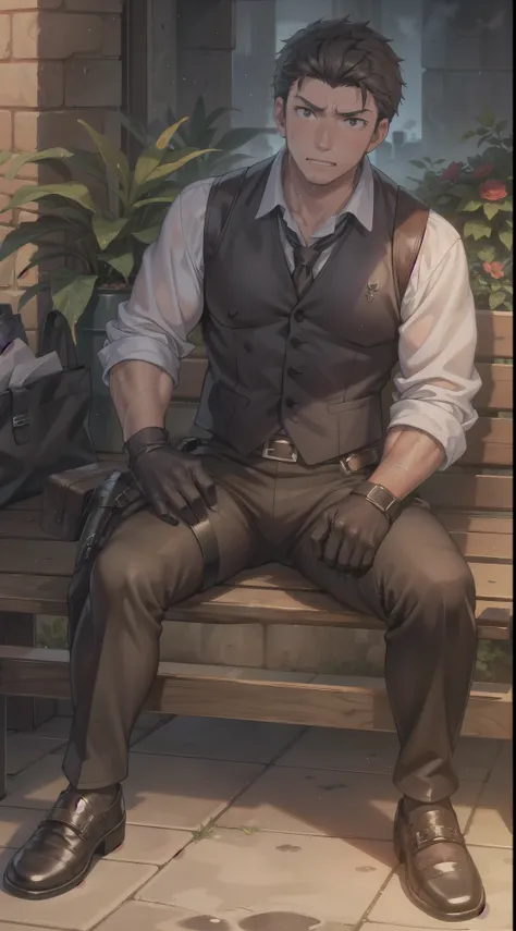 Hector Fay, Ultra high quality cg, solitary, Looking at the audience, Open your mouth, Sweating, Wet, Drooling, Gloves, 1 man, whole body, Sitting astride，Male focus, tie，shirt，Trousers，A holster on his thigh，Wearing dirty shoes