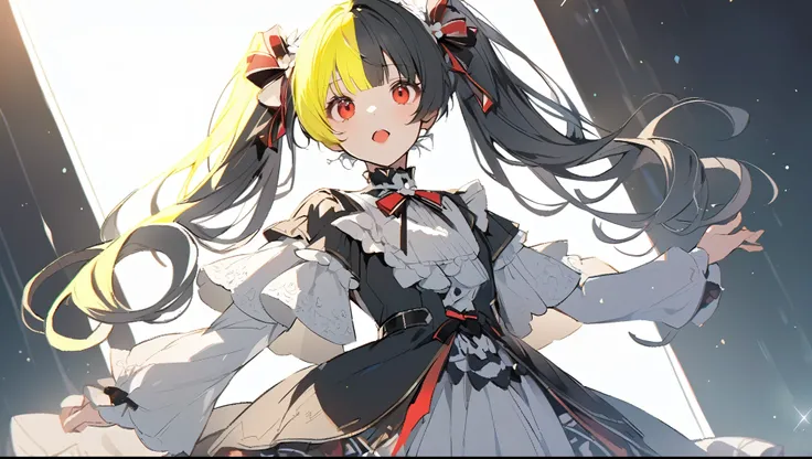 solo girl、Adult female、Handsome face、Twin tails、Rin々It seems that she is singing、blunt bangs、BLACK blond center highlights,Perfect Body、Black hair woman、Idol、Uses only six solid colors、No shadow、Make the background white。The illustrations are bright and de...