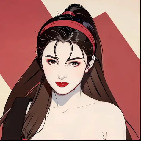 long hair, ponytail, headband, red lips, ribbon, large breasts, brown hair,