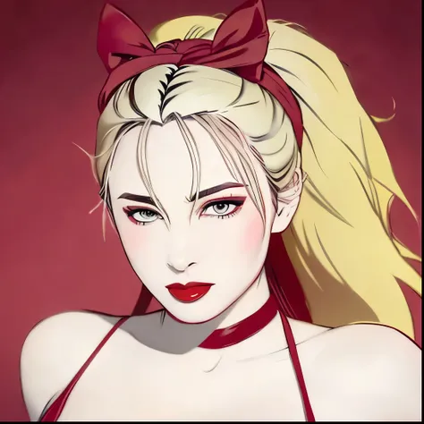 long hair, ponytail, headband, red lips, ribbon, large breasts, blonde, crazy eyes,