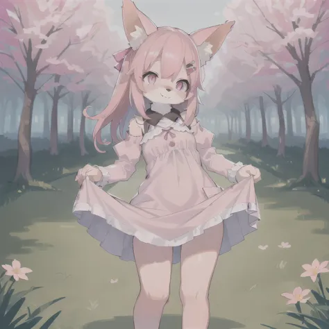 1girl, (furry:0.7), pink hair, pink eyes, white hairpin, fox ears, pink skin, digital art, luminous pupils, render, shes happy, pink dress, kawaii, (she pulls up her dress:1.5), looking at viewer, pink forest, sakura tree