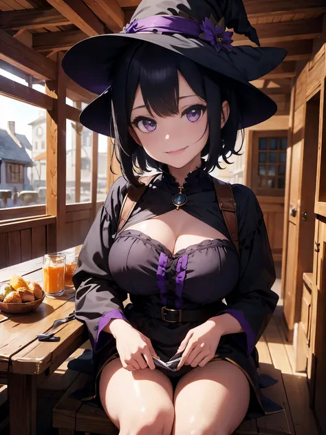 Beautiful Witch woman, with short black hair, Purple eyes, big bust, dressed witch clothes, sitting in a tavern smiling, Realistic, Full HD, Best Quality