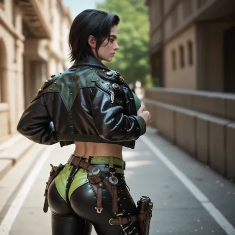 Freyna, 1 woman, short black hair, medium breasts, green top, black cropped jacket, black tight leather pants, tight track shorts, big ass, fit toned body, holsters, belts, front view, detailed, 8K