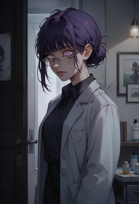 score_9, score_8_up, score_7_up, source_anime, 1woman, siluette, low messy bun, lab coat, purple eyes, eyes glow in the dark, oval glasses, creepy aura, dark purple hair (messy hair, bangs, low messy bun), standing omniously beside a door, horror movie, da...