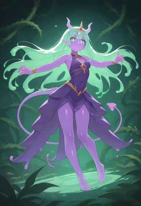 princess slime, young adult, beautiful glowing purple gelatinous body, verdant green eyes with yellow sclera, tiara, Dragon horns, battle-ready stance, demon tail, showing off power, protective vines, midriff-exposed dress, elegant outfit, soft lighting, i...