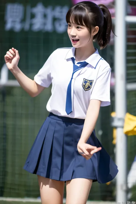 Please make a picture of  girl who is ESTP personality, chinese ethnic. She is dominant and aggresive. She has short hair as shoulder and beauty. She has stern face. She is wearing short white school uniform and blue skirt. She stands confident in front of...