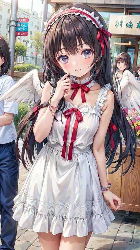 Anime Style、story、、Beautiful girls、very cute angel、Pink Gothic Dress、cute、baby face、smile、Long skirt、Black boots、Very cute headband
