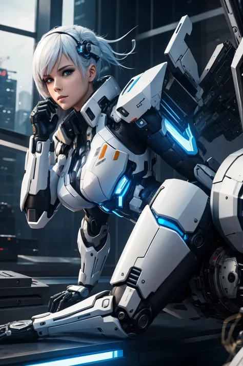 single woman, wearing a mecha suit+Cybernetic armor+gundam suit, All white with gold parts, mohawk hair, blue hair, messy hair, looking directly at the viewer, she is, in a cyberpunk city, with many machines, Meteors falling, Many people on the move, Glass...