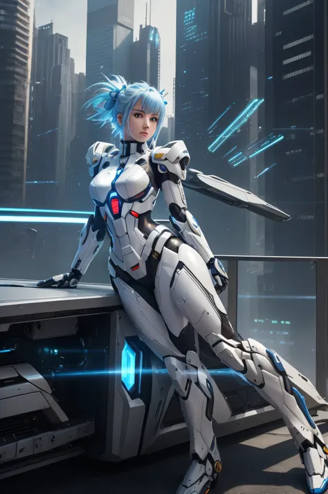 single woman, wearing a mecha suit+Cybernetic armor+gundam suit, All white with gold parts, mohawk hair, blue hair, messy hair, looking directly at the viewer, she is, in a cyberpunk city, with many machines, Meteors falling, Many people on the move, Glass...