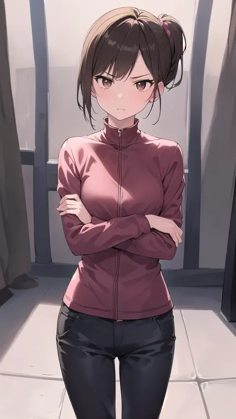 Anatomically correct, One Girl, Small breasts,  ｛Shortcuts:1.7｝, Short Ponytail:1.7, Brown Hair, Brown eyes,Character Portrait,Arms crossed,Low Angle,Looking into the camera, Angry expression, High resolution, First Person View, Pant suits