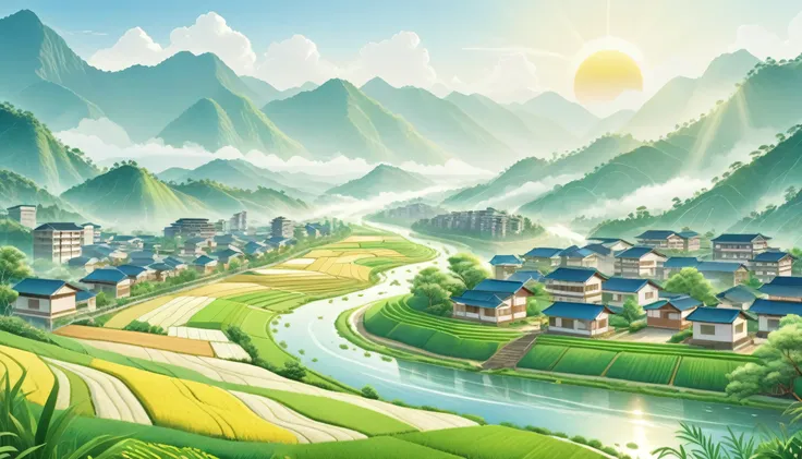 a modern town surrounded by mountains and forests，mass housing, city, many buildings, residential area，rice fields and river，gre...