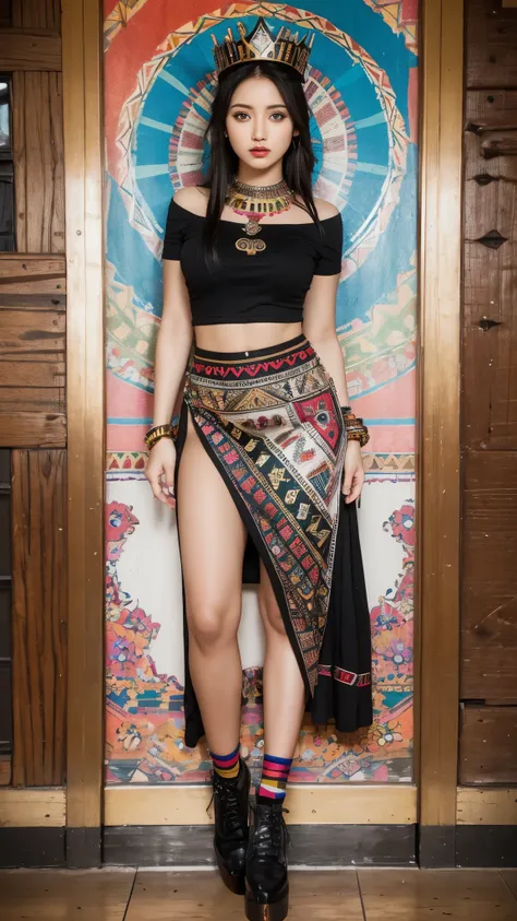 Beautiful Aztec goddess of death Aztec Beautiful, full body, head to feet full body photography, long skirt:1.2, open at side skirt, Pantyhose, egyptian crown, pleated, multicolored clothing, skinny woman, fashion random shirt, multicolor clothing mandala ...