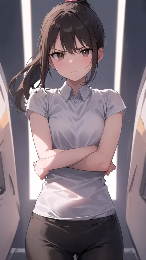 Anatomically correct, One Girl, Small breasts,  ｛Shortcuts:1.7｝, Short Ponytail:1.7, Brown Hair, Brown eyes,Character Portrait,Arms crossed,Low Angle,Looking into the camera, Angry expression, High resolution, First Person View, business suit,Close your mo...