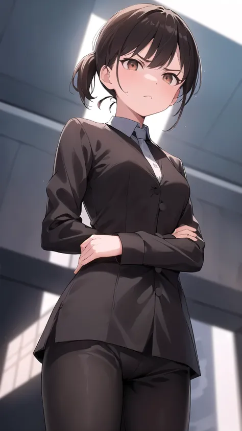 Anatomically correct, One Girl, Small breasts,  ｛Shortcuts:1.7｝, Short Ponytail:1.7, Brown Hair, Brown eyes,Character Portrait,Arms crossed,Low Angle,Looking into the camera, Angry expression, High resolution, First Person View, business suit,Close your mo...