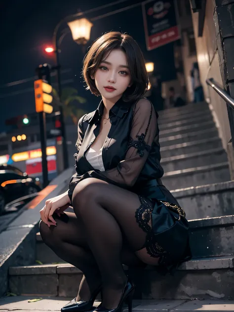 [8K RAW Photos、High resolution、One Daughter、Layered Hair、Formal Shirt、Formal Skirt、smile、Long eyelashes、Beautiful double eyelids、Eyeshadow、(super Realistic pantyhose:1.3)、short hair、Night in front of the station、Stairs at night、Squat、Please sit down、Luxury...