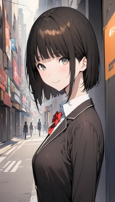 ((masterpiece,Best Quality:1.3,best quality illustrations)),close-up of face,portrait,1 woman,young adult,(short bob cut hair),black hair,very small head, bangs,gray eyes,(gorgeous eyes),smile,very long body,medium breasts,(School uniform、Black blazer,red ...