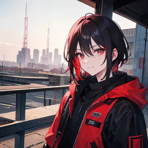 1men black-red mid-lenght hair confident casual look ruby eyes confident smile night city in background brutalish post soviet architecture