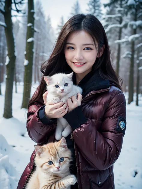 Best Quality　masterpiece　detailed　A very beautiful woman is smiling and feeling cold, so she puts a kitten inside her jacket to keep him warm.　Photo style　Fantasy　Fantasy　Snow is falling　Beautiful views