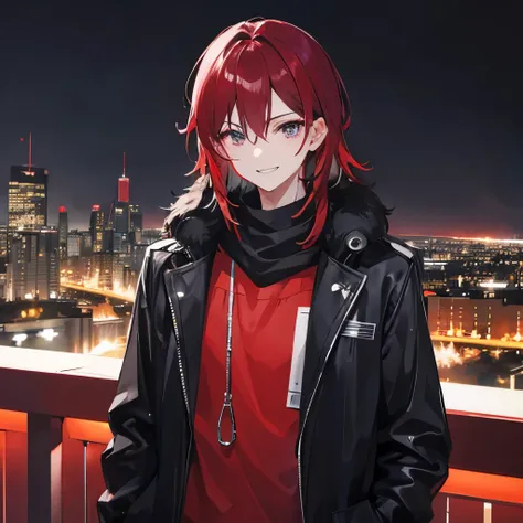 1men black-red mid-lenght hair confident casual look ruby eyes confident smile night city in background
