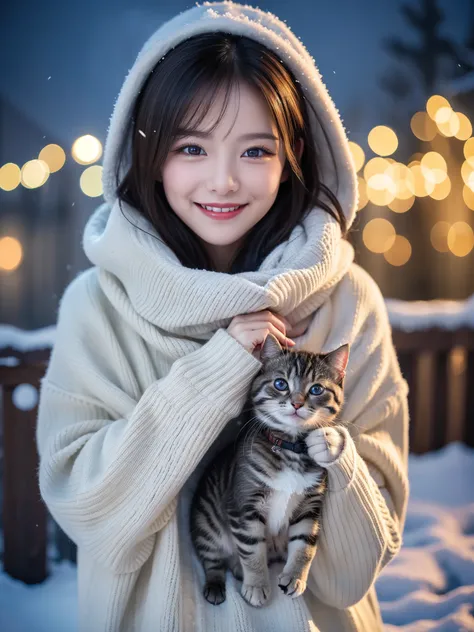 Best Quality　masterpiece　detailed　A very cute  is smiling and warming a kitten inside her sweater in the cold.　Snow is falling　Beautiful scenery　Photo style　Fantasy　Dramatic Production　Fantasy