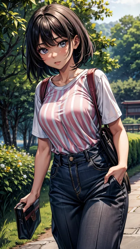 ((look away2.0)),((face close up)),beautiful detailed eyes, beautiful detailed lips, extremely detailed eyes and face, longeyelashes, 1 Japanese girl, outside the countryside,,((dark skin color2.0)), (very short black hair),displeased,casual ((striped shir...