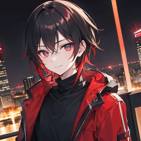 1men black-red mid-lenght hair confident casual look ruby eyes confident smile night city in background
