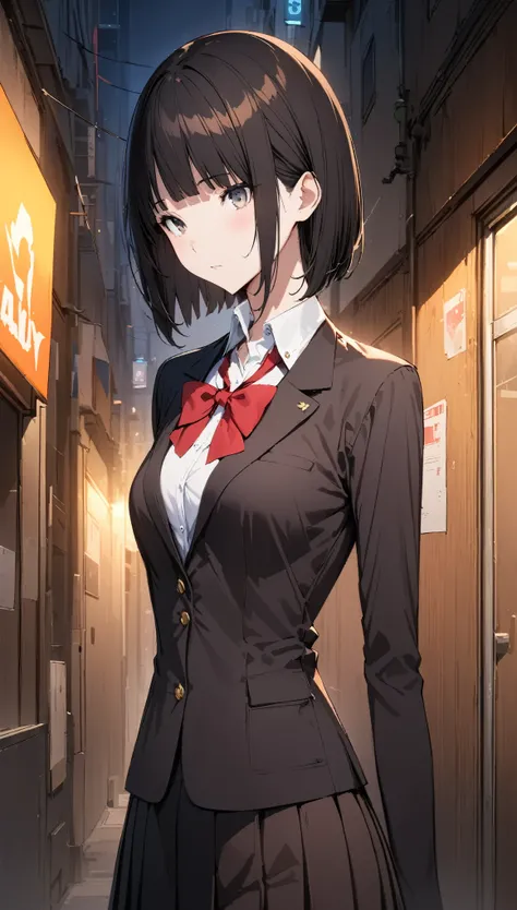 ((masterpiece,Best Quality:1.3,best quality illustrations)),cowboy shot,portrait,1 woman,young adult,(short bob cut hair),black hair,very small head:1.2, bangs,gray eyes,(gorgeous eyes),very long body,medium breasts,(School uniform、Black blazer,red bow, pl...