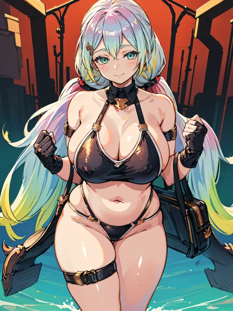 (Best Quality, 8k, masterpiece: 1.3),Voluptuous body,1girl, pinch (Granblue Fantasy), large breasts, thighs, multicolored hair, multicolored eyes, gradient hair, twintails, bangs, low twintails, very long hair,bare shoulders, gloves, thigh strap, black bik...