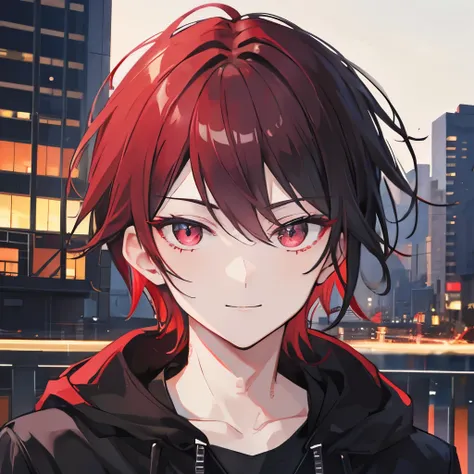 1men black-red mid-lenght hair confident casual look ruby eyes confident smile night city in background
