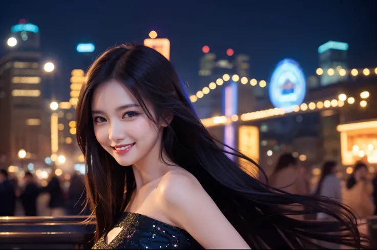 Best Quality　masterpiece　detailed　A very beautiful woman is smiling in a beautiful cityscape at night　Photo style　Dramatic Production　Fantasy　Fantasy