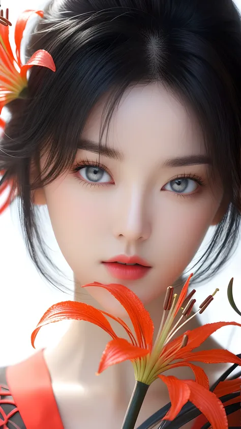 (top resolution、distinct_image)top-quality、females、​masterpiece、ighly detailed、semi-realistic、black  hair、dark hair、grey  eyes、b...