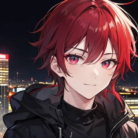 1men black-red mid-lenght hair confident casual look ruby eyes confident smile night city in background
