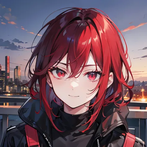 1men black-red mid-lenght hair confident casual look ruby eyes confident smile night city in background
