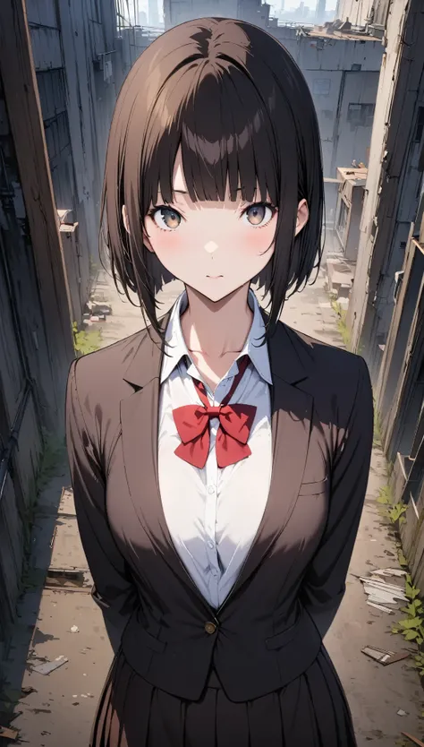 ((masterpiece,Best Quality:1.3,best quality illustrations)),cowboy shot,portrait,1 woman,young adult,(short bob cut hair),black hair,very small head:1.2, bangs,gray eyes,(gorgeous eyes),very long body,medium breasts,(School uniform、Black blazer,red bow, pl...