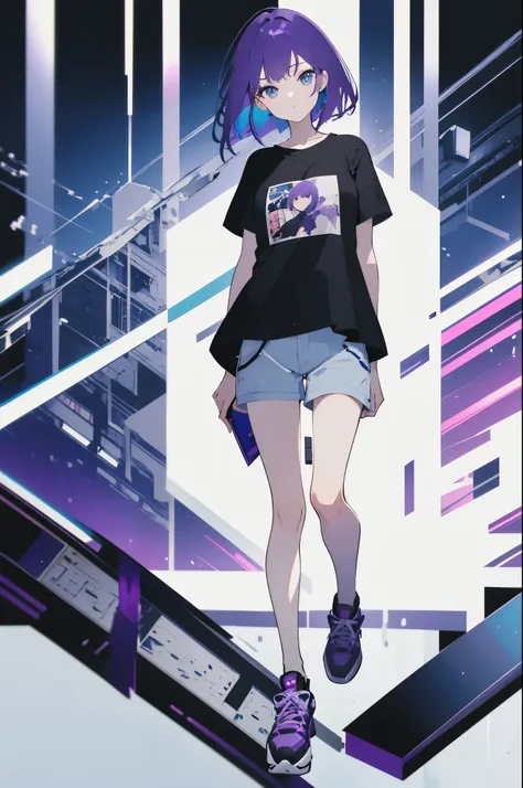 Full body image of an purple hair, blue eyes girl, wearing a t-shirt and short pants. White Background. Standing. 1girl. ((BEST QUALITY)), ((MASTERPIECE)), ((DETAILED)), cute young, solo