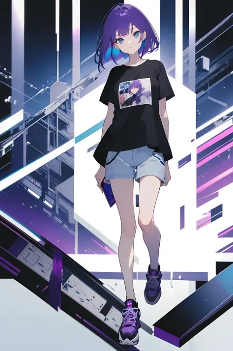 Full body image of an purple hair, blue eyes girl, wearing a t-shirt and short pants. White Background. Standing. 1girl. ((BEST QUALITY)), ((MASTERPIECE)), ((DETAILED)), cute young, solo