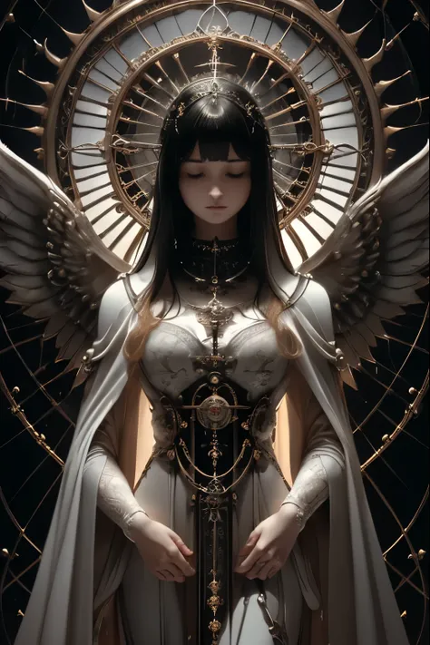 ((Best Quality、8k、masterpiece:1.3))，((Gothic Punk Angel、Prayer Pose))、The image color is white.、Japanese Maiden，((Full body portrait)),Best image quality，Ultra Clear，The facial features are delicate and well defined，Exquisite detail，(Camel Toe)、Slim body、S...