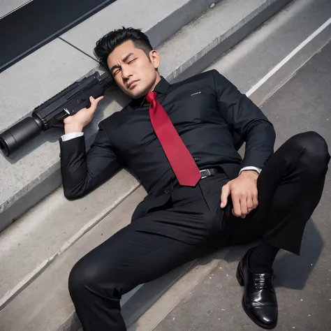 40 years old、One Man、mafia、Black Shirt、Red Tie､Black slim pants、、Skyscraper rooftop。Spread your legs、Sleeping on concrete、Muscular, ,Very short hair、Stubble、Turkish face　Swelling in the crotch of pants　Top view　Crotch close-up　I have a gun　Black socks