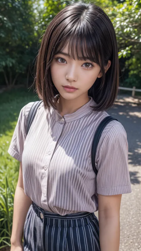 ((look away2.0)),((face close up)),beautiful detailed eyes, beautiful detailed lips, extremely detailed eyes and face, longeyelashes, 1 Japanese girl, outside the countryside,,((dark skin color2.0)), (very short black hair),displeased,casual ((striped shir...