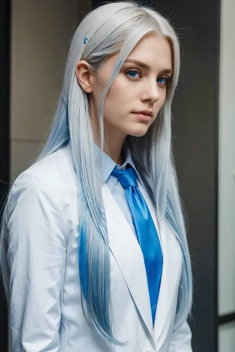 A handsome girl with long white hair, blue tips, blue eyes, and a suit.